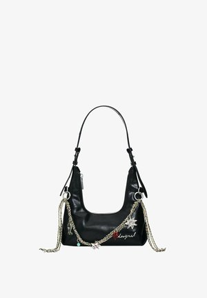 Black leather shoulder bag with silver chain and star, heart, and figure charms, featuring white embroidered cursive text on front side.