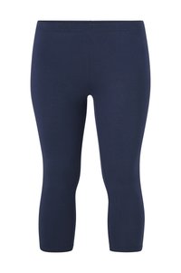 Marineblauwe leggings van rekbare, gladde stof. Voorzien van een elastische tailleband en een taps toelopend, enkel-lang ontwerp. Geen zichtbare patronen of accenten.