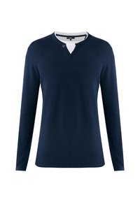 Maglietta a manica lunga blu navy con scollo henley e dettaglio di un pulsante. Realizzata in morbido tessuto a maglia, presenta un colletto interno a contrasto.