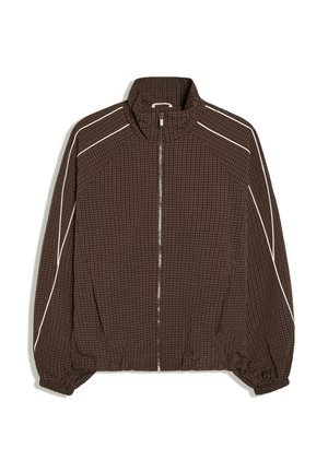 Braune Zip-up-Jacke mit kleinem Karomuster, weißen Paspeln an Schultern und Ärmeln, elastischen Bündchen und Stehkragen.