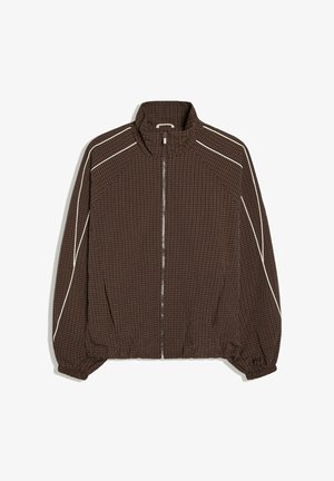 Braune Zip-up-Jacke mit kleinem Karomuster, weißen Paspeln an Schultern und Ärmeln, elastischen Bündchen und Stehkragen.
