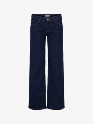 Tumši zili džinsi ar plašām kāju daļām, izgatavoti no džinsa auduma, ar pogu aizdari, piecām kabatām un šūšanas detaļām gar šuvēm.