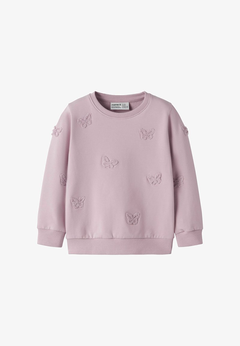 Sweat-shirt pour enfants de couleur violet clair avec manches longues et motifs papillons texturés dispersés sur le devant et les manches.