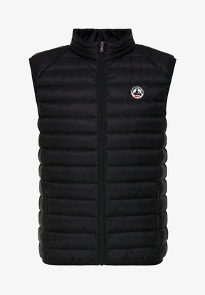 Gilet puffy nero con colletto alto, zip frontale e patch con logo. Design trapuntato con segmenti orizzontali per isolamento e texture.