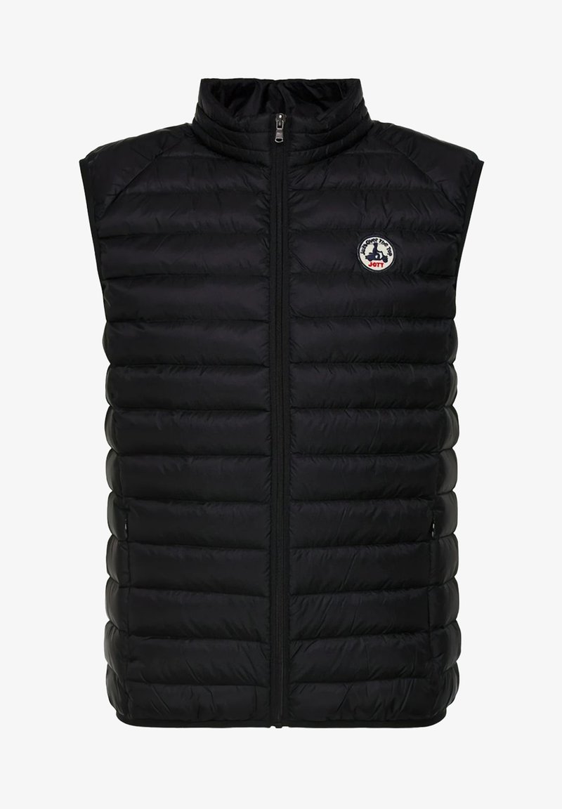 Gilet puffy nero con colletto alto, zip frontale e patch con logo. Design trapuntato con segmenti orizzontali per isolamento e texture.