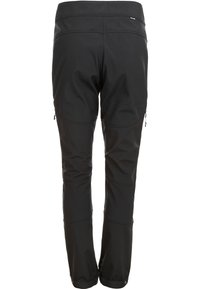 Svarta utomhusbyxor med en töjbar, texturerad tyg. Funktioner inkluderar fickor med dragkedja och formade sömmar för flexibilitet och komfort.