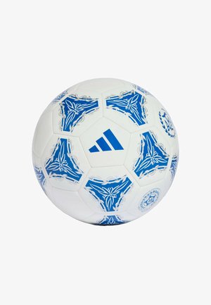 Ballon de football blanc avec des motifs floraux triangulaires bleus et le logo Adidas sur le panneau central.