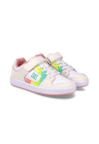 Zapatillas blancas con acentos en tonos pastel de rosa, verde y amarillo; cuero texturizado, cierre con cordones y velcro, con un logo en el costado.