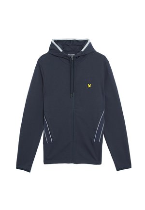 Marineblauwe zip-up hoodie met een trekkoordcapuchon, voorzien van witte zijaccenten en een gele adelaar logo op de borst. Gladde stoftextuur.
