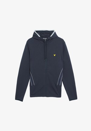 Mørkeblå zip-hætte med snoretræk, der har hvide sidelogoer og et gult ørnerelief på brystet. Glat stofstruktur.