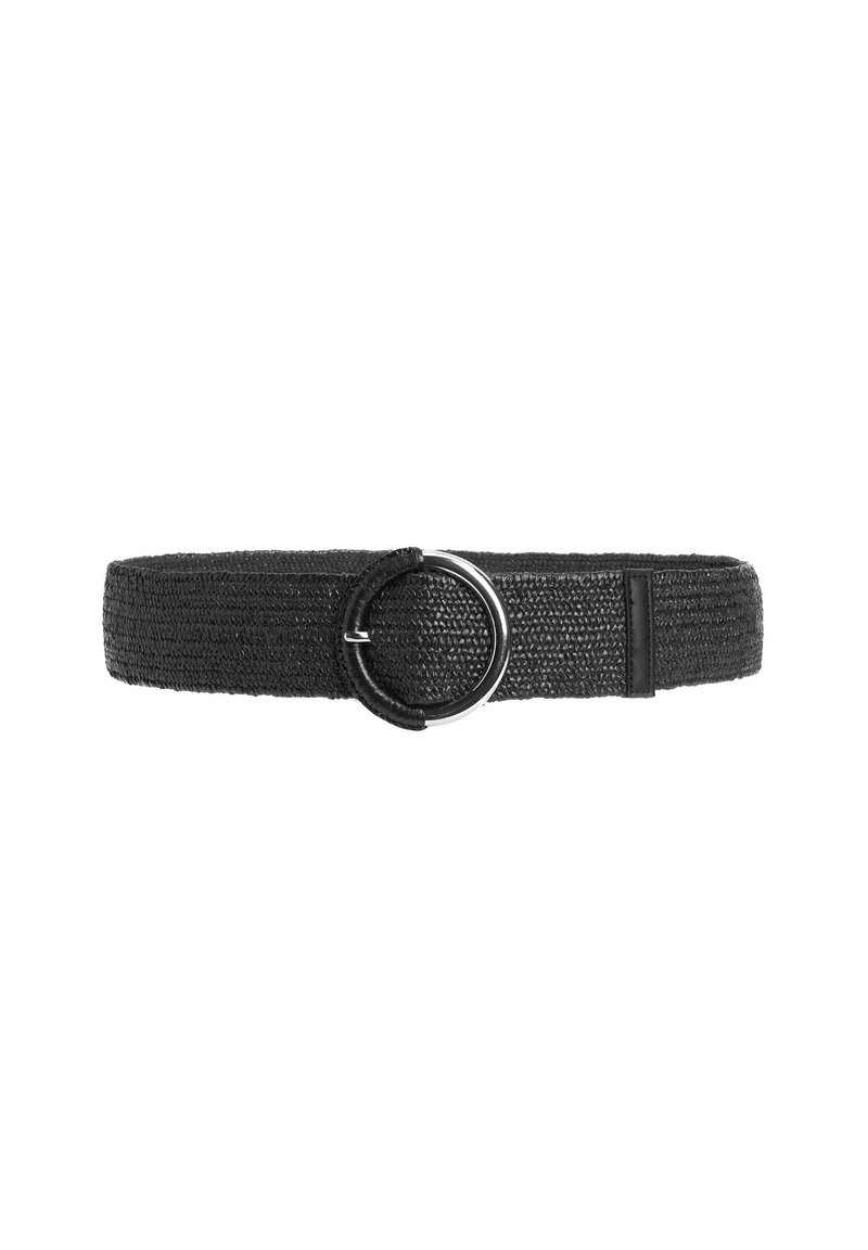 Sort vævet bælte med et rundt metalspænde og læderdetaljer, med en tekstureret overflade og flad design.