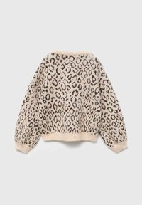 Pulover z leopardjim vzorcem, kremna osnova z rjavimi pikami, skrajšan dizajn, okrogel ovratnik in obsežne rokave z rebrastimi manšeti.