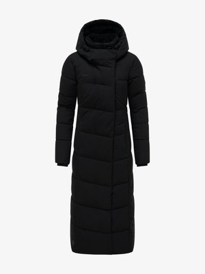 Hosszú fekete bélelt télikabát kapucnival és teljes hosszúságú cipzárral, meleg és védelem biztosítására hideg időben.