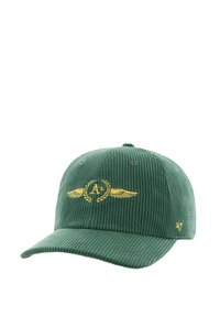Gorra de béisbol de cortés verde con visera curva, que presenta un logo dorado bordado con alas y detalles de laurel en la parte frontal.