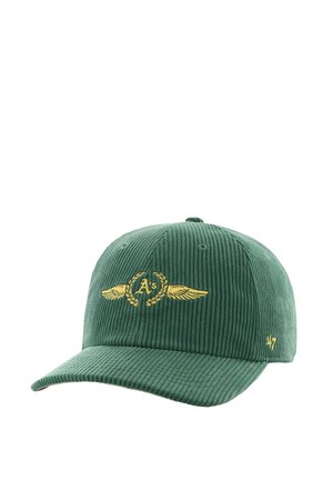 Cappellino da baseball in corduroy verde con visiera curva, dotato di un logo dorato ricamato con ali e dettagli di alloro sul fronte.
