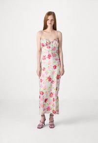 Φλοράλ μάξι φόρεμα με ανοιχτό πράσινο φόντο και ροζ και κίτρινες λουλουδιές, ρυθμιζόμενες τιράντες και λεπτομέρεια με κορδόνι στο στήθος.