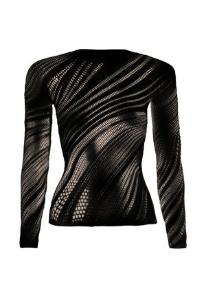 Schwarzes, langärmliges Spitzenoberteil mit einem wirbelnden Muster aus unterschiedlich großen Mesh-Einsätzen, das einen dynamischen, strukturierten Effekt erzeugt.