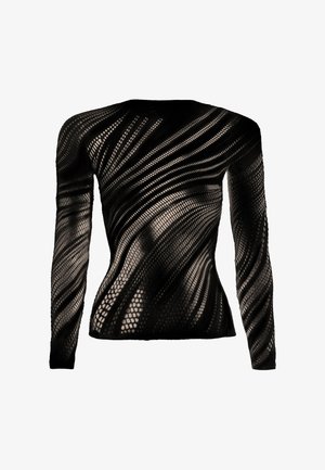 Top nero a maniche lunghe in tessuto trasparente con un motivo a vortice di maglie di diverse dimensioni che crea un effetto testurizzato dinamico.
