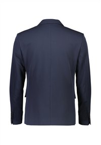 Giacca da uomo blu navy vista da dietro, con maniche lunghe e dettagli con bottoni sui polsini.