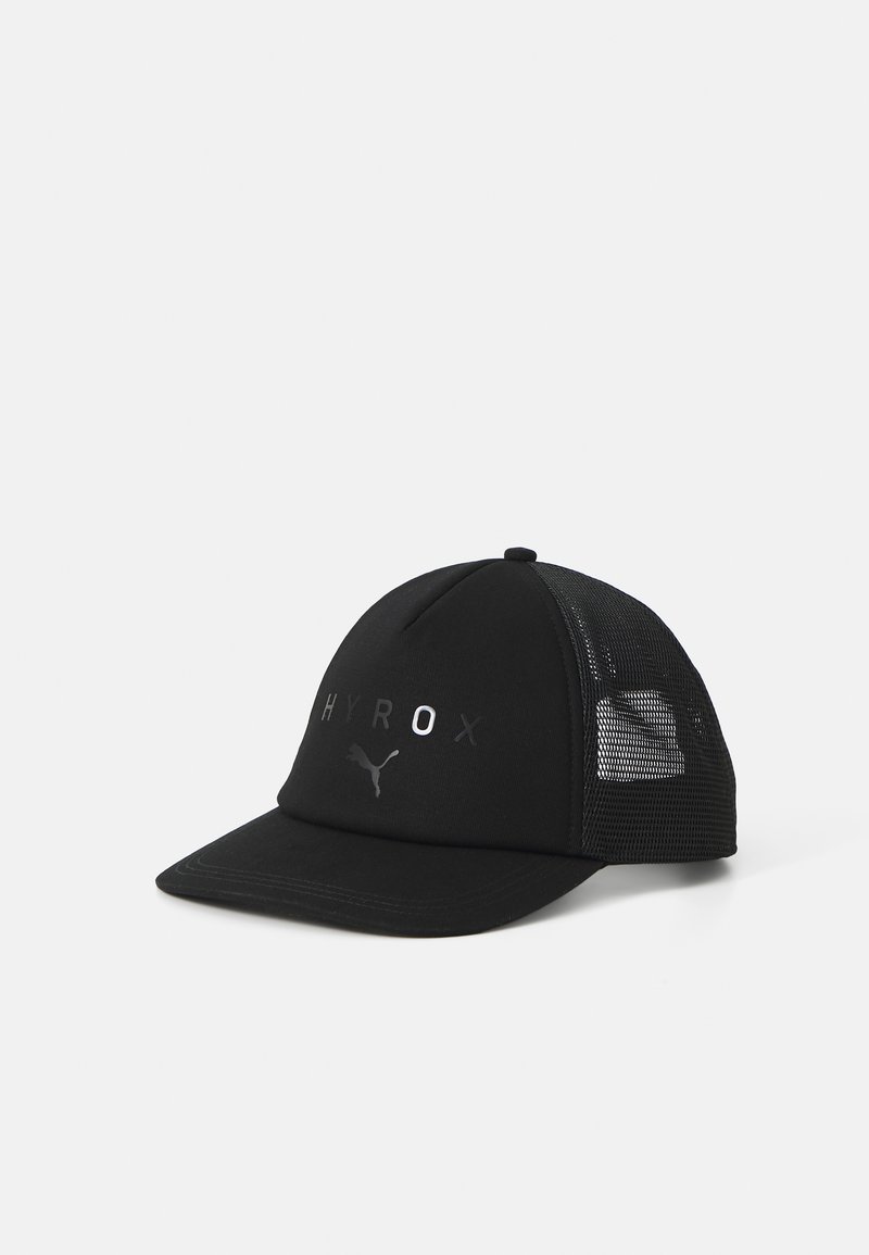 Black cap with a solid front and mesh sides. Features "HYROX" logo and a Puma emblem. Structured shape with a curved brim.