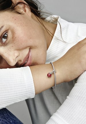 Silbernes Armband mit einem roten Marienkäfer-Anhänger, ausgestattet mit einer strukturierten Metallkette und einem polierten Charm-Detail, das am Handgelenk getragen wird.