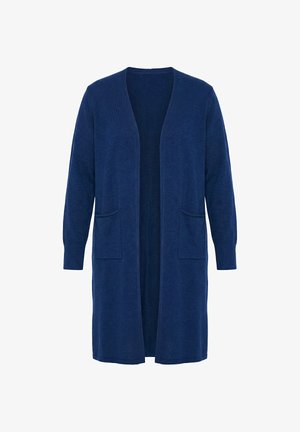 Długi kardigan dziany w kolorze granatowym z długim otwartym przodem, długimi rękawami oraz dwoma naszywanymi kieszeniami z przodu.
