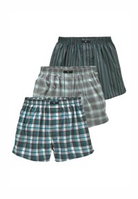 Trys poros bokserių su skirtingais plaid raštais, turinčių elastingas juostas. Spalvos apima pilką, mėlynosios žalios ir juodos. Kiekvienas turi išskirtinius raštus.