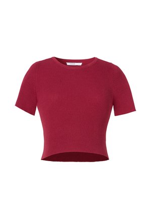 Korte mouw ribgebreide crop top in donkerrood met ronde hals en licht gebogen zoom, maat klein.
