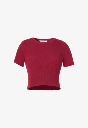 Krótki top z dzianiny prążkowanej o krótkich rękawach w ciemnoczerwonym kolorze, z okrągłym dekoltem i lekko zaokrąglonym dołem, rozmiar mały.