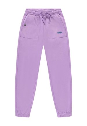 Lilac sweatpants met een elastische tailleband, trekkoord, twee voorzakken en een blauwe logodetail. Tapered pijpen met elastische boorden.