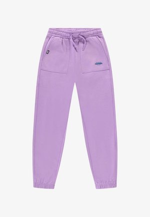 Lilac sweatpants met een elastische tailleband, trekkoord, twee voorzakken en een blauwe logodetail. Tapered pijpen met elastische boorden.