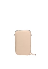 Portafoglio beige in pelle con zip, superficie texturizzata e forma rettangolare, dotato di doppia zip e design minimalista.