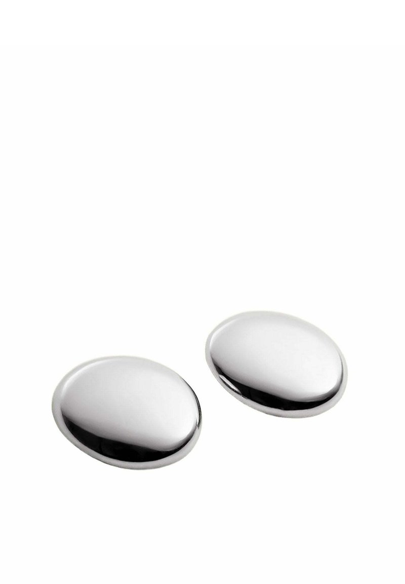 Gemelos de óvalo de plata pulida con una superficie lisa y reflectante; borde ligeramente elevado, diseño simple y elegante.