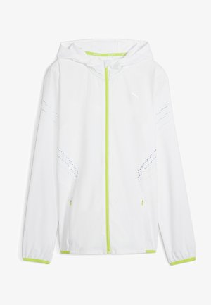 Valkoinen hupparitakki, joka on valmistettu kevyestä materiaalista, edessä vetoketju ja neonvihreitä yksityiskohtia. Hienovarainen sininen pistekuvio hihansuissa.