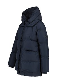 Giacca piumino blu navy con cappuccio, dotata di chiusura con zip, tasche laterali e polsini a coste. Tessuto liscio, design imbottito.