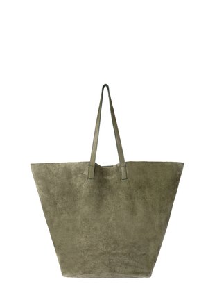 Large olive green suede tote bag with two thin shoulder straps and a wide trapezoid shape.
