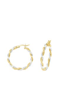 Två tvinnade hoopörhängen gjorda av växelvis guld- och silverfärgad metall, med ett spärrstängning och slät yta.