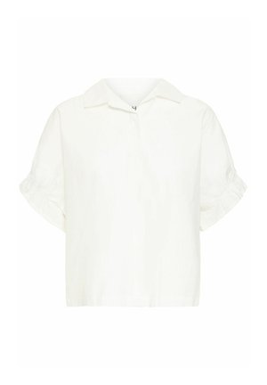 Camicetta bianca a maniche corte realizzata in tessuto leggero, con colletto e dettagli arricciati sulle maniche. Vestibilità casual.