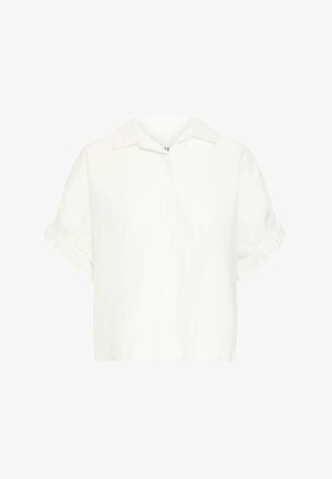 Camicetta bianca a maniche corte realizzata in tessuto leggero, con colletto e dettagli arricciati sulle maniche. Vestibilità casual.