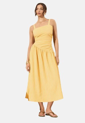 Žena nosi žlto-biele pruhované midi šaty bez rukávov so štvorcovým výstrihom a hnedými sandálmi, stojí na bielom pozadí.