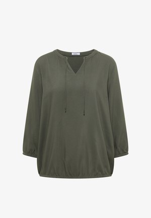 Olivgrüne Langarmbluse mit V-Ausschnitt, Kordelzug-Detail, elastischen Bündchen und elastischem Saum, auf weißem Hintergrund dargestellt.