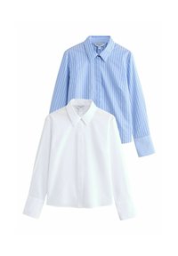 Two long-sleeved shirts: one solid white and one light blue with vertical stripes. Both feature a classic collar and button front.