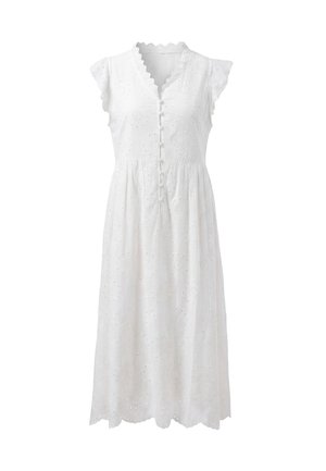 Weißes ärmelloses Kleid knielanger Länge mit gezacktem V-Ausschnitt, floraler Lochstickerei, Knopfleiste vorne und geraffter Taille.