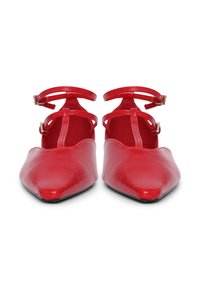 Rote Leder-Ballettschuhe mit spitzen Zehen, Knöchelriemen und goldenen Hardware-Akzenten. Glatte Textur und klassische Silhouette.