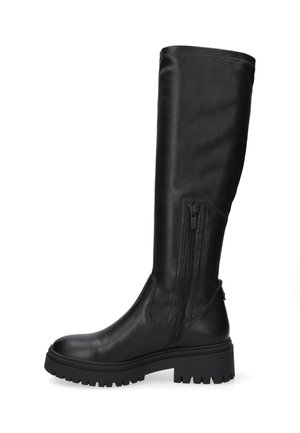 Stivale in pelle nera al ginocchio con suola chunky e cerniera laterale, mostrato dal lato esterno su sfondo bianco.