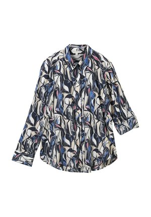 Chemise à boutons en tissu léger avec un motif abstrait tourbillonnant en bleu marine, blanc, rose et bleu. Manches longues, col, coupe décontractée.