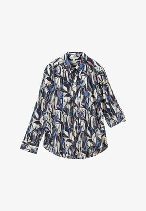 Hemd mit Knopfleiste aus leichtem Stoff mit einem wirbelnden abstrakten Muster in Marineblau, Weiß, Rosa und Blau. Lange Ärmel, mit Kragen, entspannte Passform.