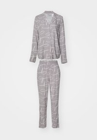 Ensemble de pyjama gris comprenant un haut à manches longues à boutons et un pantalon à taille élastique, décoré d'un motif abstrait blanc tout au long.