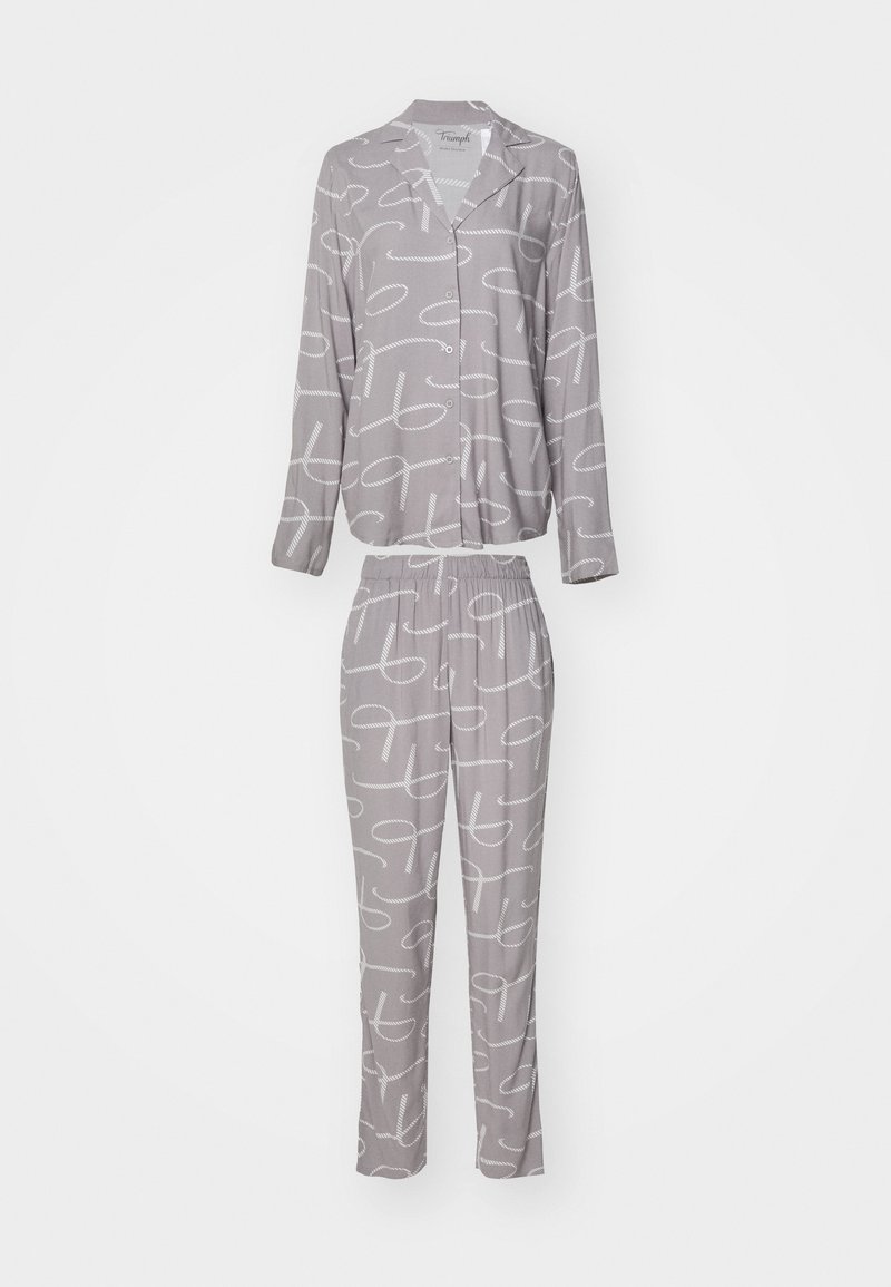 Ensemble de pyjama gris comprenant un haut à manches longues à boutons et un pantalon à taille élastique, décoré d'un motif abstrait blanc tout au long.