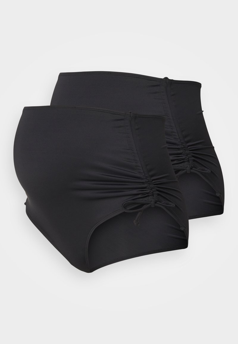 Μαύρα μαγιό σορτς ψηλόμεσα, φτιαγμένα από ελαστικό ύφασμα, με πλάγιες ραφές και ρυθμιζόμενα κορδόνια για στυλ και άνεση. Περιλαμβάνονται δύο κομμάτια.